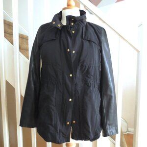 Zara Navy Black and Gold Zipper Parka Rain Jacket Coat with Leather Look Sleeves